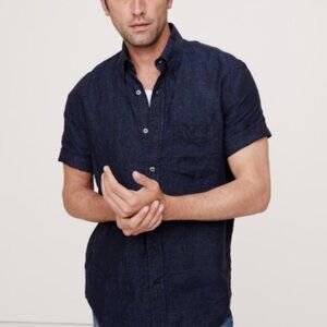 GAP Men's Linen Blend Short Sleeve Button Down Shirt Navy Blue Size Large